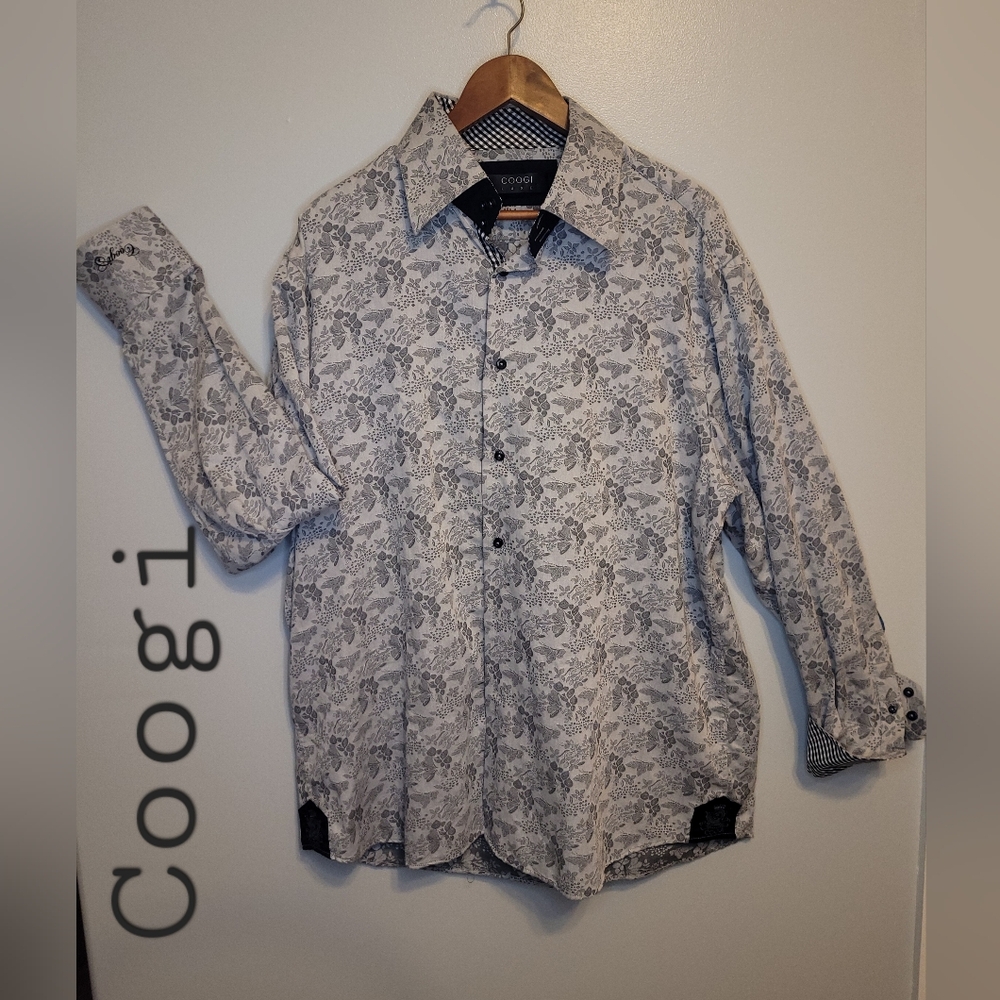 Coogi Men's Flip Cuff Gray Floral Blue Plaid Check Trim Size 3XL/19 Big & Tall